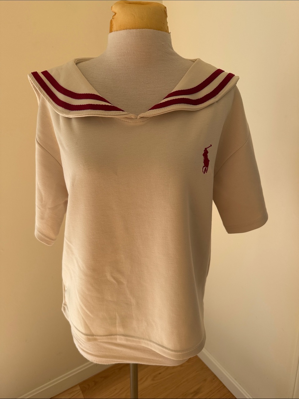 Polo Ralph Lauren light beige soft sailor style collared striped logo top.